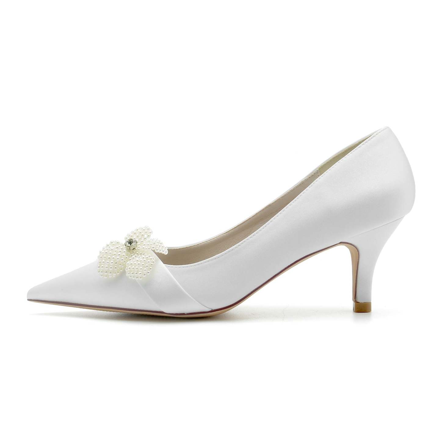 Bridal Shoes for Women with White Pearl Flower and Pointed Toe Mid Heel