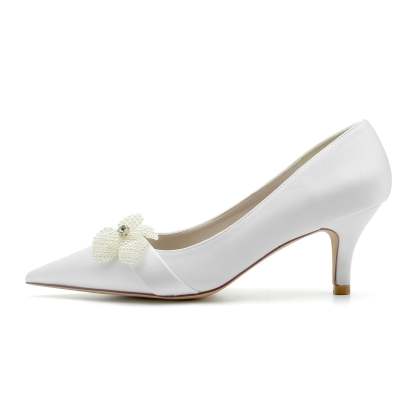 Bridal Shoes for Women with White Pearl Flower and Pointed Toe Mid Heel