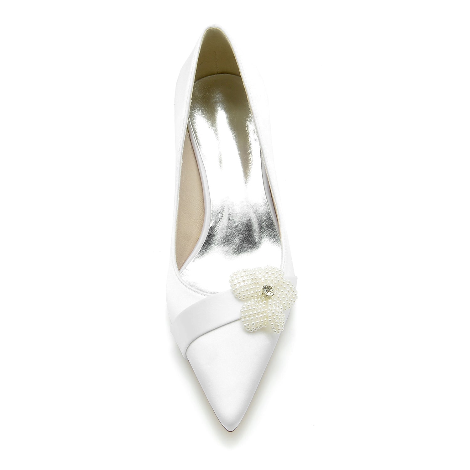 Bridal Shoes for Women with White Pearl Flower and Pointed Toe Mid Heel