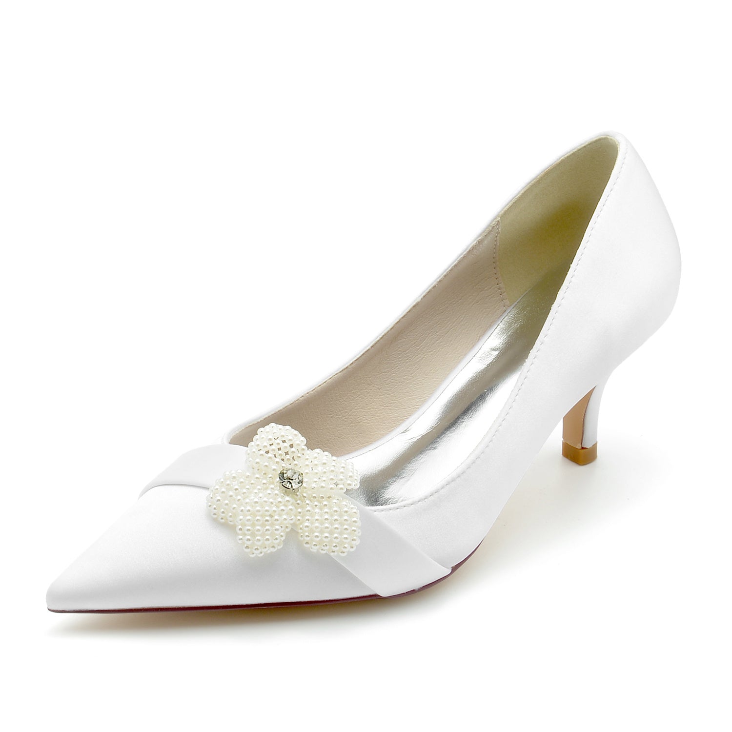 Bridal Shoes for Women with White Pearl Flower and Pointed Toe Mid Heel