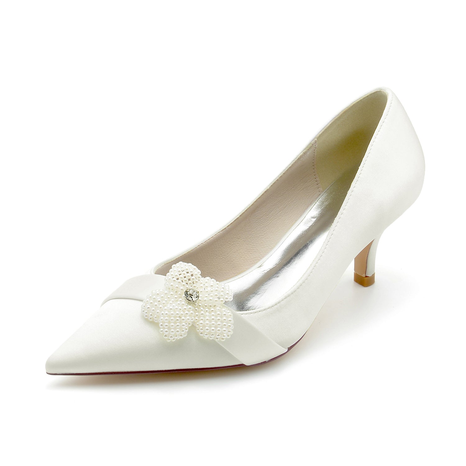 Bridal Shoes for Women with White Pearl Flower and Pointed Toe Mid Heel
