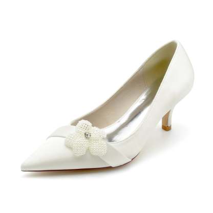 Bridal Shoes for Women with White Pearl Flower and Pointed Toe Mid Heel