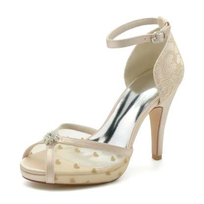 Bridal High Heel Peep Toe Shoes with Rhinestone Flower Lace and Buckle for Women
