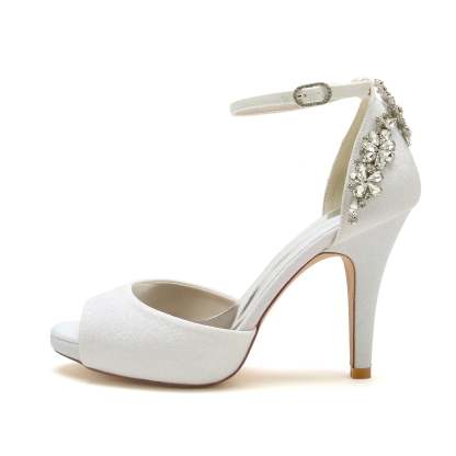 Bridal High Heel Peep Toe Shoes with Rhinestone Buckle and Glitter for Women