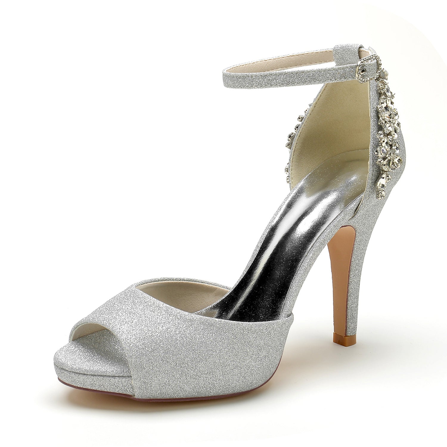 Bridal High Heel Peep Toe Shoes with Rhinestone Buckle and Glitter for Women