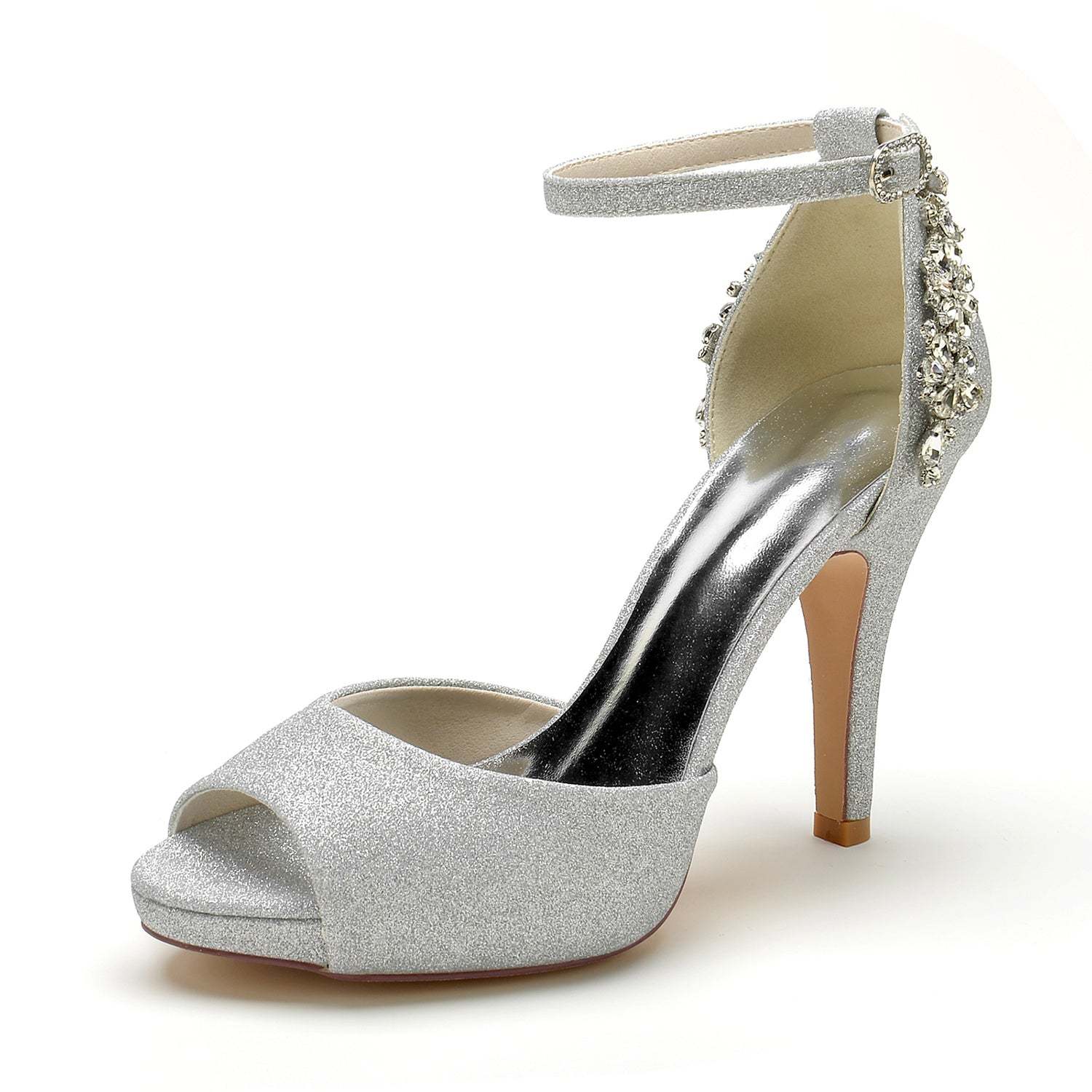 Bridal High Heel Peep Toe Shoes with Rhinestone Buckle and Glitter for Women