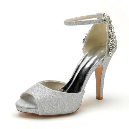 Bridal High Heel Peep Toe Shoes with Rhinestone Buckle and Glitter for Women