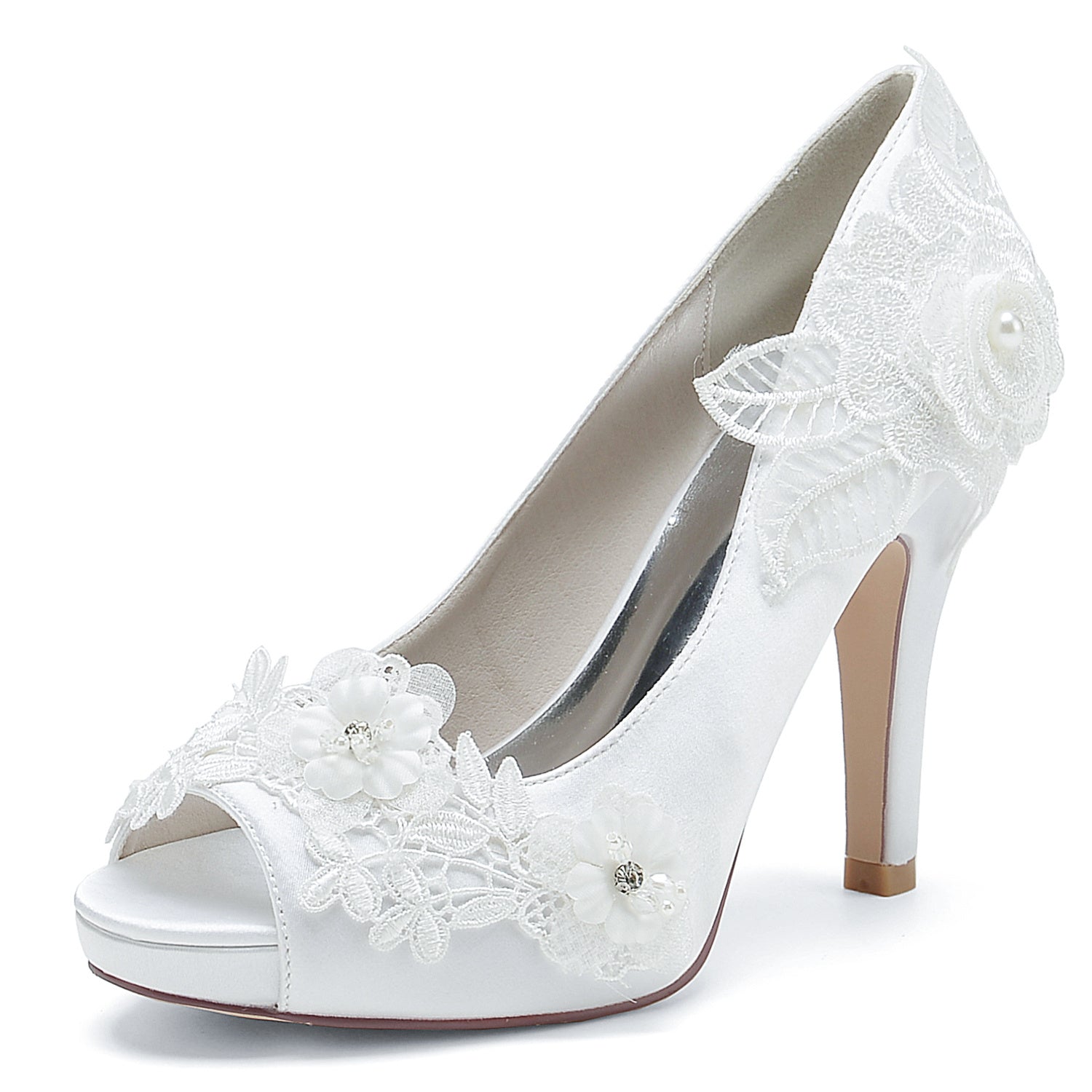 Bridal High Heel Peep Toe Shoes for Women with Silk Satin Flower Applique