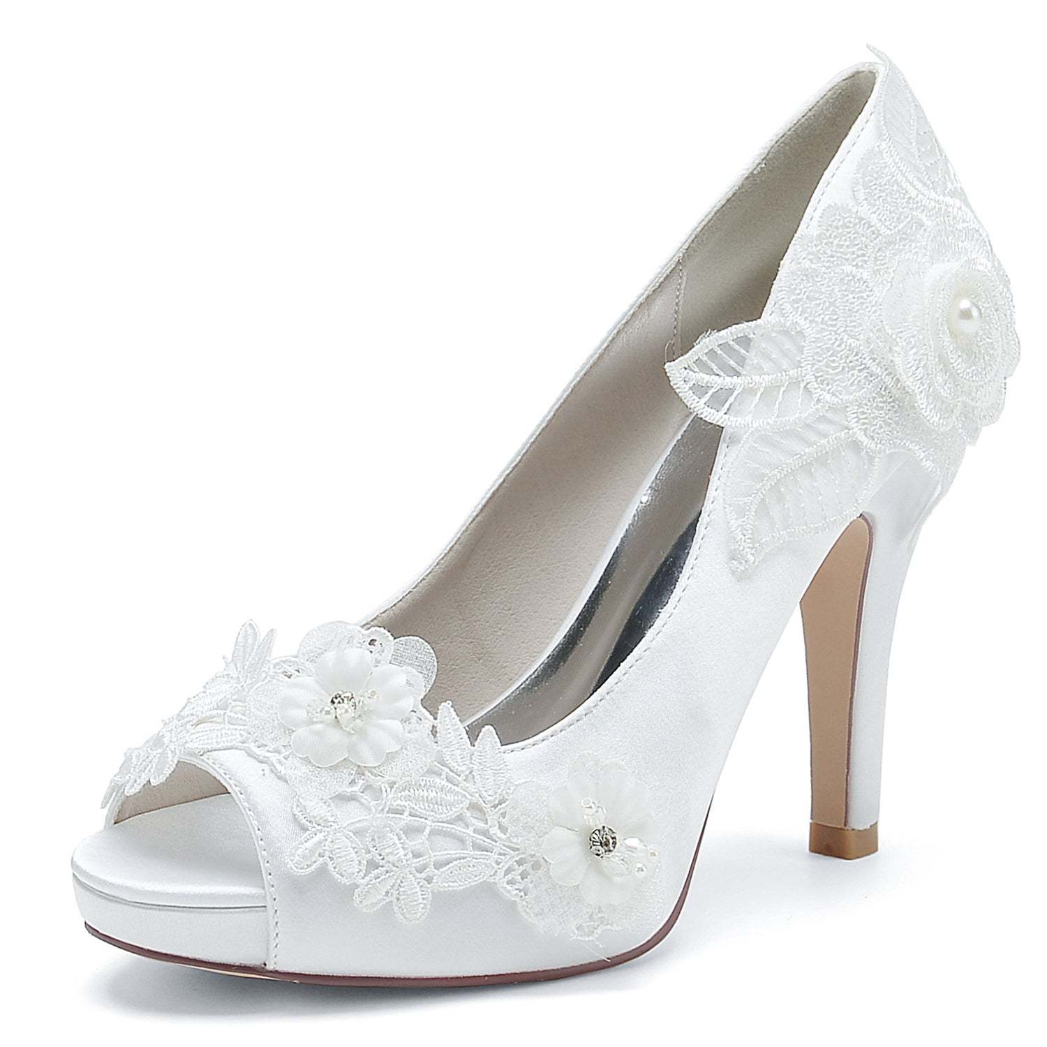 Bridal High Heel Peep Toe Shoes for Women with Silk Satin Flower Applique