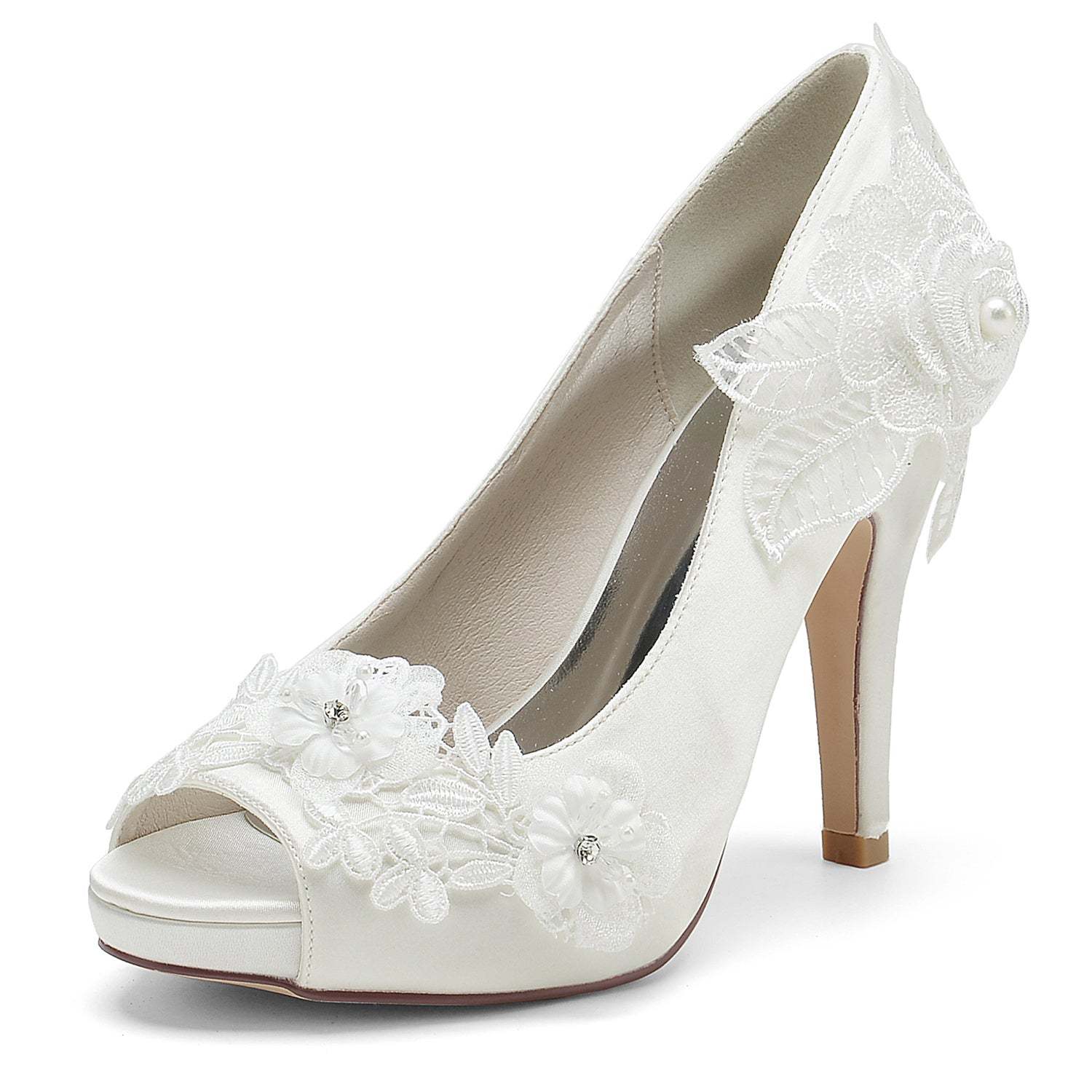 Bridal High Heel Peep Toe Shoes for Women with Silk Satin Flower Applique