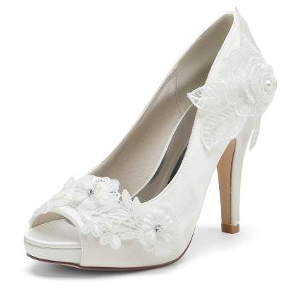 Bridal High Heel Peep Toe Shoes for Women with Silk Satin Flower Applique