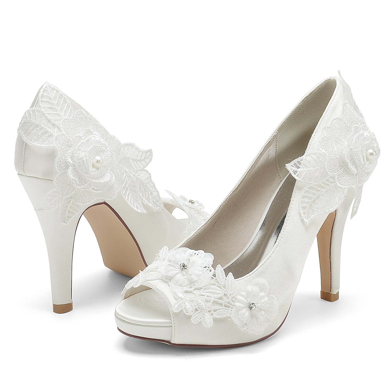 Bridal High Heel Peep Toe Shoes for Women with Silk Satin Flower Applique
