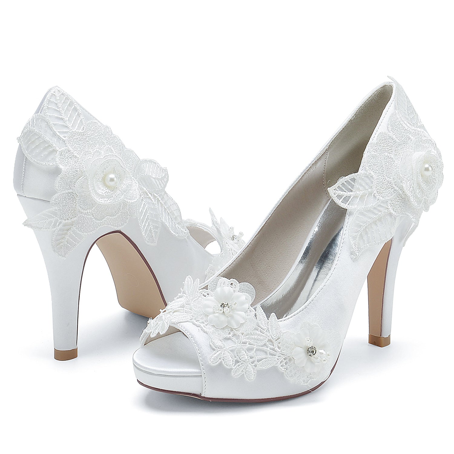 Bridal High Heel Peep Toe Shoes for Women with Silk Satin Flower Applique
