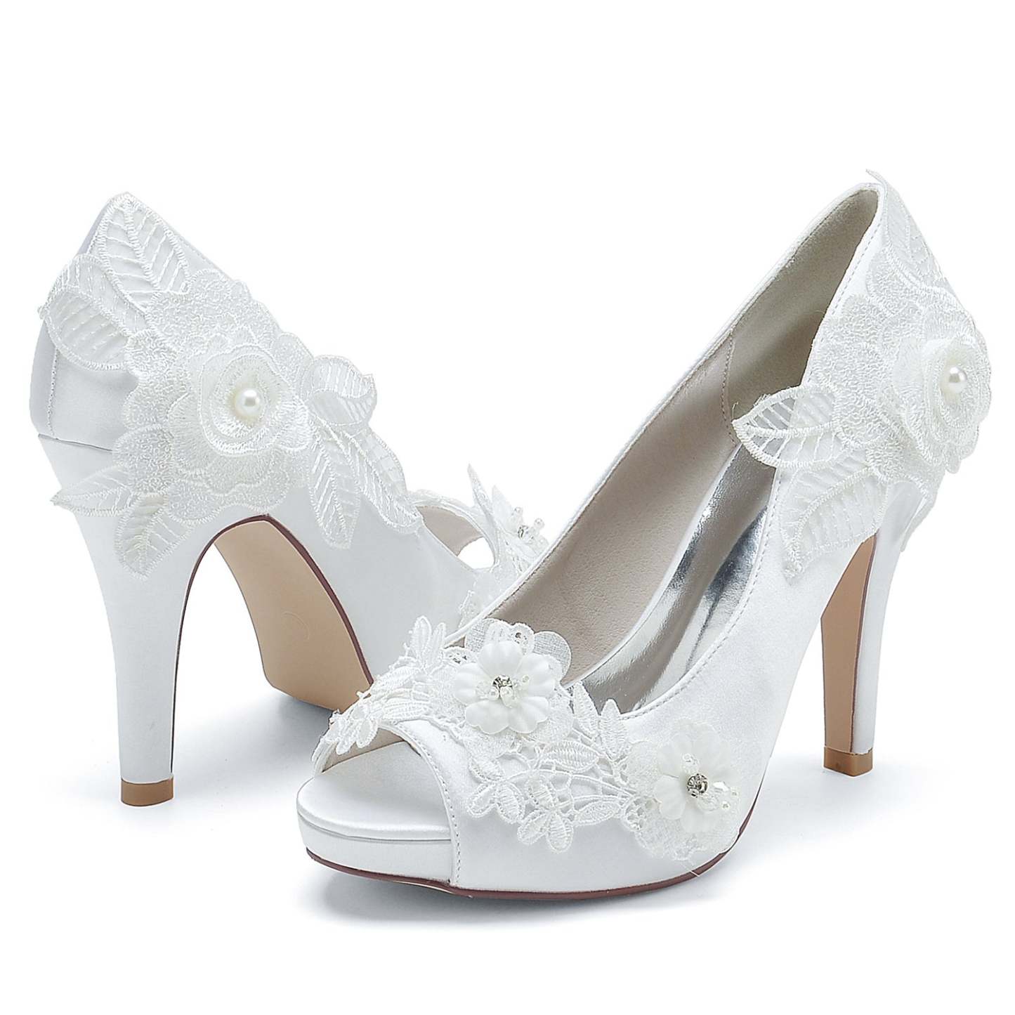 Bridal High Heel Peep Toe Shoes for Women with Silk Satin Flower Applique