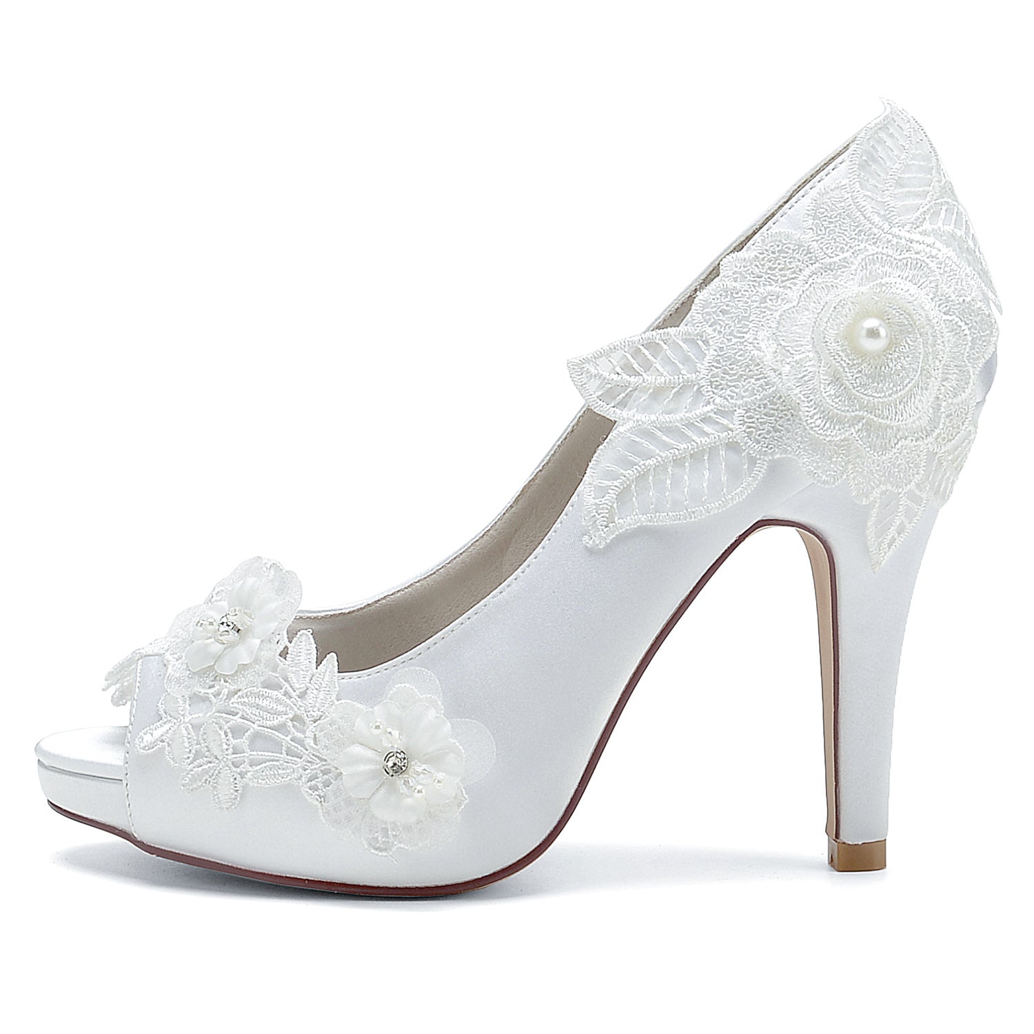 Bridal High Heel Peep Toe Shoes for Women with Silk Satin Flower Applique