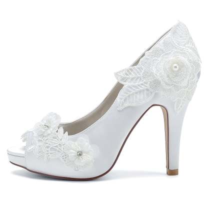 Bridal High Heel Peep Toe Shoes for Women with Silk Satin Flower Applique