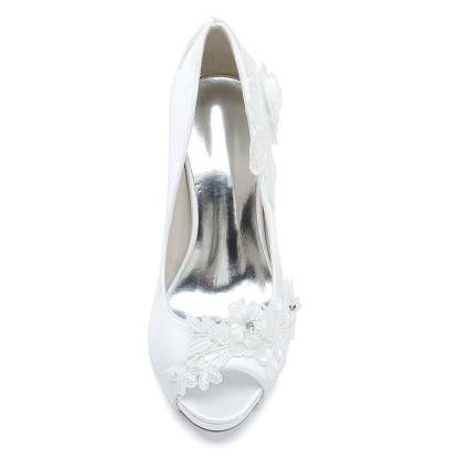 Bridal High Heel Peep Toe Shoes for Women with Silk Satin Flower Applique