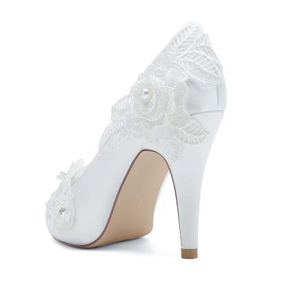 Bridal High Heel Peep Toe Shoes for Women with Silk Satin Flower Applique