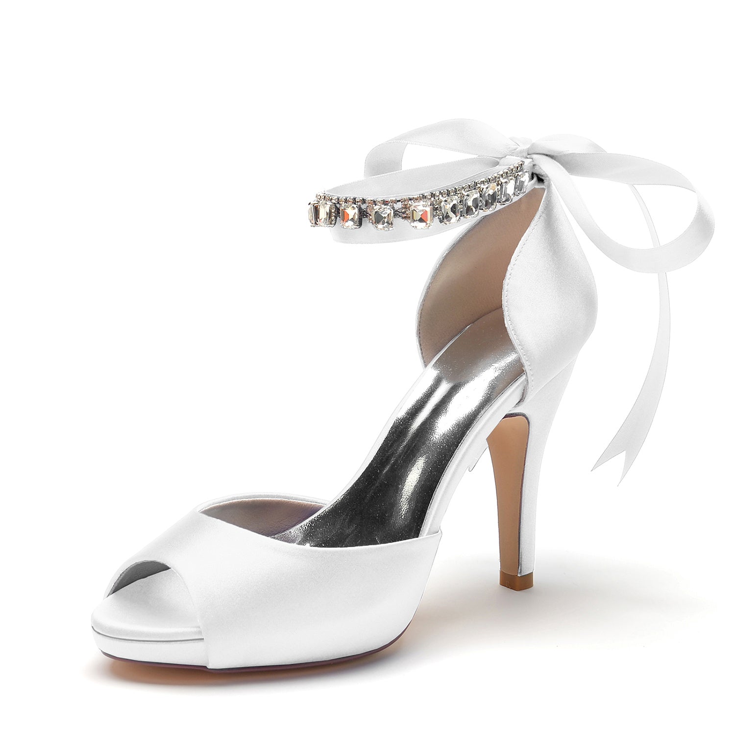 Bridal Shoes for Women with Peep Toe High Heel Rhinestone Bow Buckle