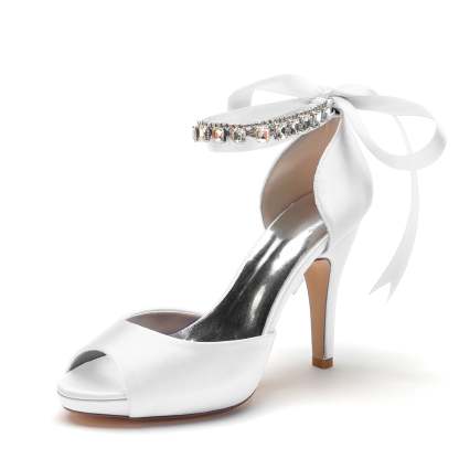 Bridal Shoes for Women with Peep Toe High Heel Rhinestone Bow Buckle