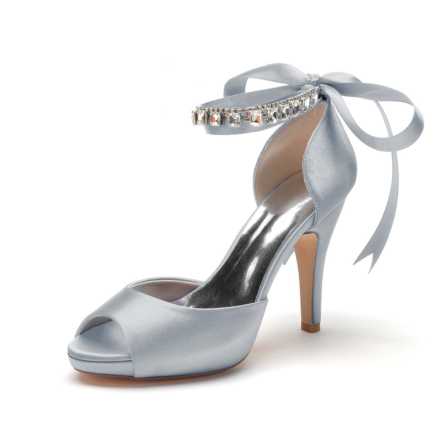Bridal Shoes for Women with Peep Toe High Heel Rhinestone Bow Buckle