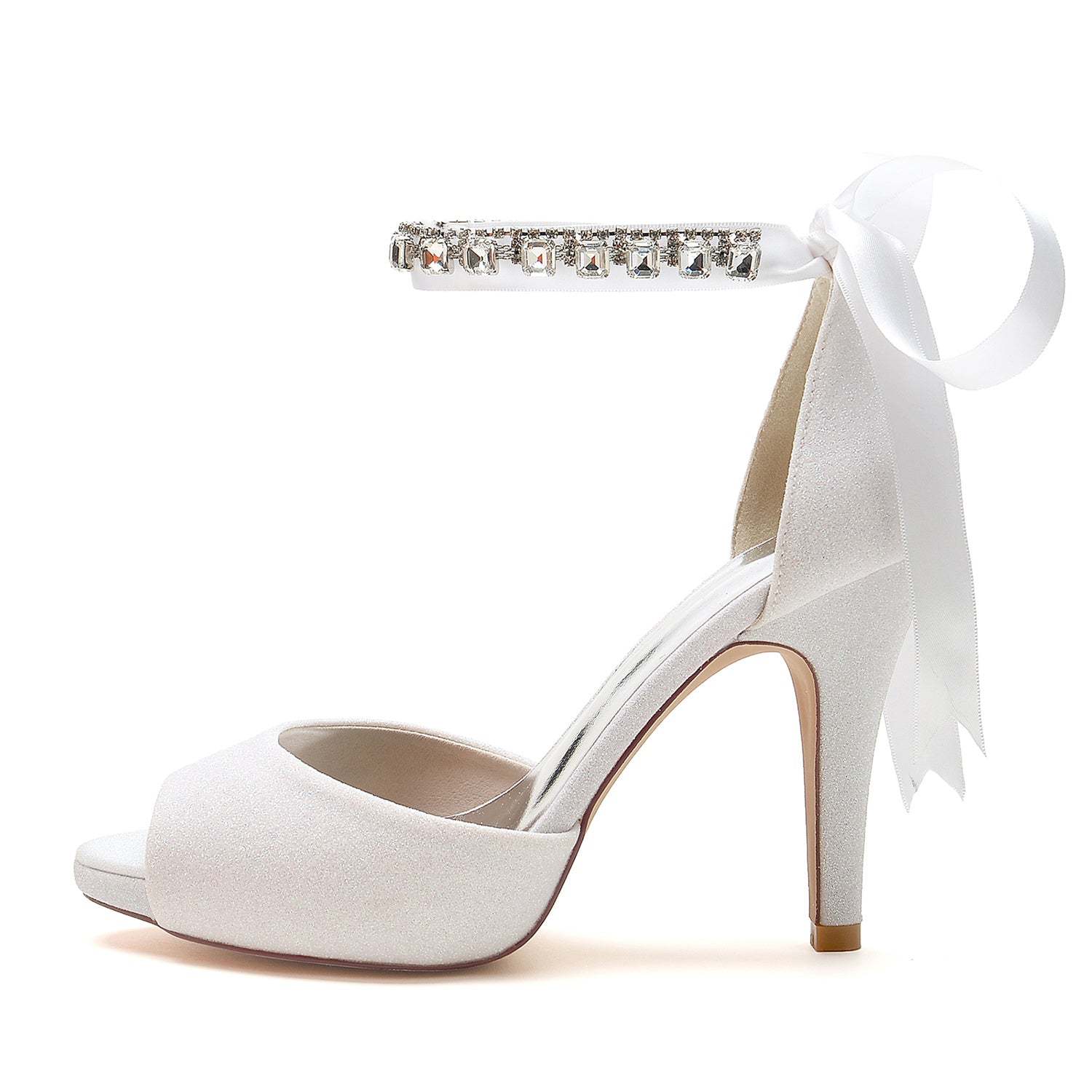 Bridal Shoes for Women with Glitter Bow and Rhinetone Buckle Peep Toe High Heel