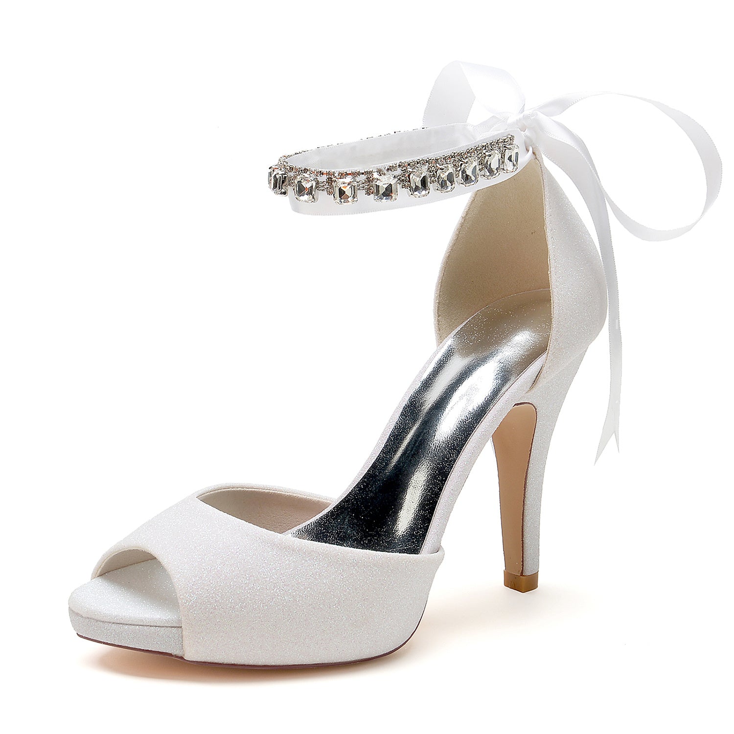 Bridal Shoes for Women with Glitter Bow and Rhinetone Buckle Peep Toe High Heel