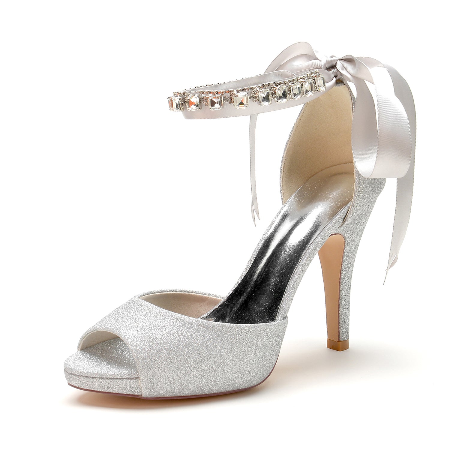 Bridal Shoes for Women with Glitter Bow and Rhinetone Buckle Peep Toe High Heel