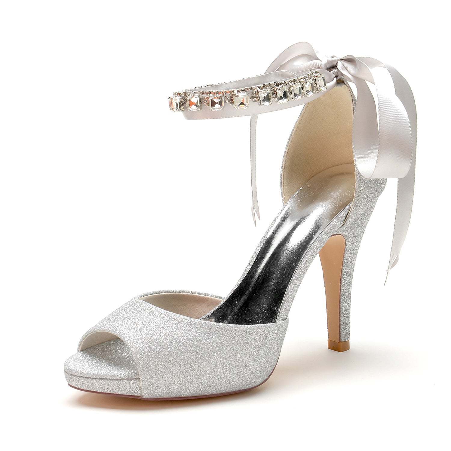 Bridal Shoes for Women with Glitter Bow and Rhinetone Buckle Peep Toe High Heel