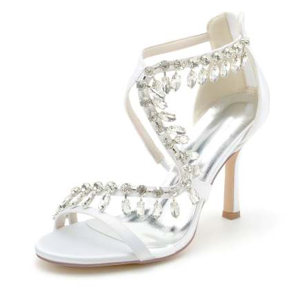 Bridal High Heel Open Toe Shoes for Women with Crossed Rhinestone Design