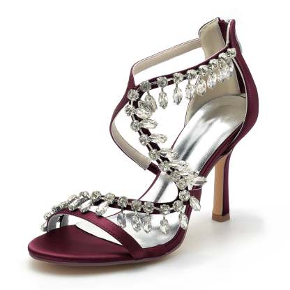 Bridal High Heel Open Toe Shoes for Women with Crossed Rhinestone Design