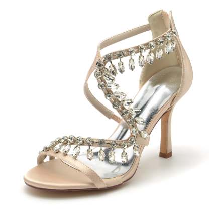 Bridal High Heel Open Toe Shoes for Women with Crossed Rhinestone Design