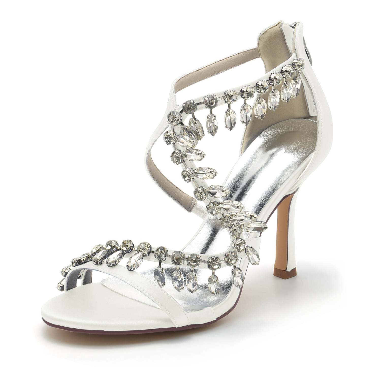 Bridal High Heel Open Toe Shoes for Women with Crossed Rhinestone Design
