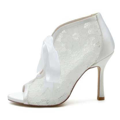 Bridal High Heel Peep Toe Shoes with Lace and Bow for Women