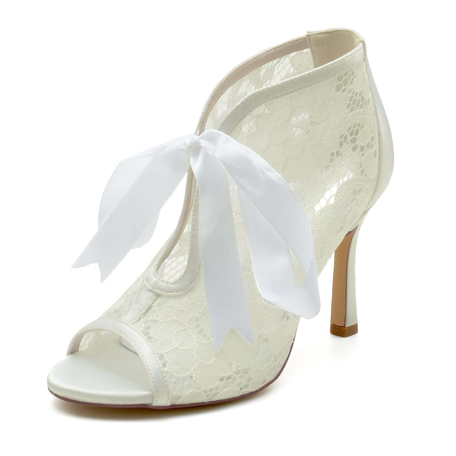 Bridal High Heel Peep Toe Shoes with Lace and Bow for Women