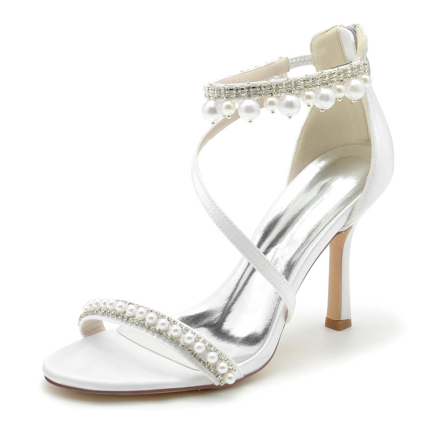 Bridal High Heel Shoes for Women with Spiral Pearl and Opened Toe Buckle