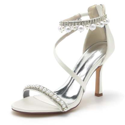 Bridal High Heel Shoes for Women with Spiral Pearl and Opened Toe Buckle