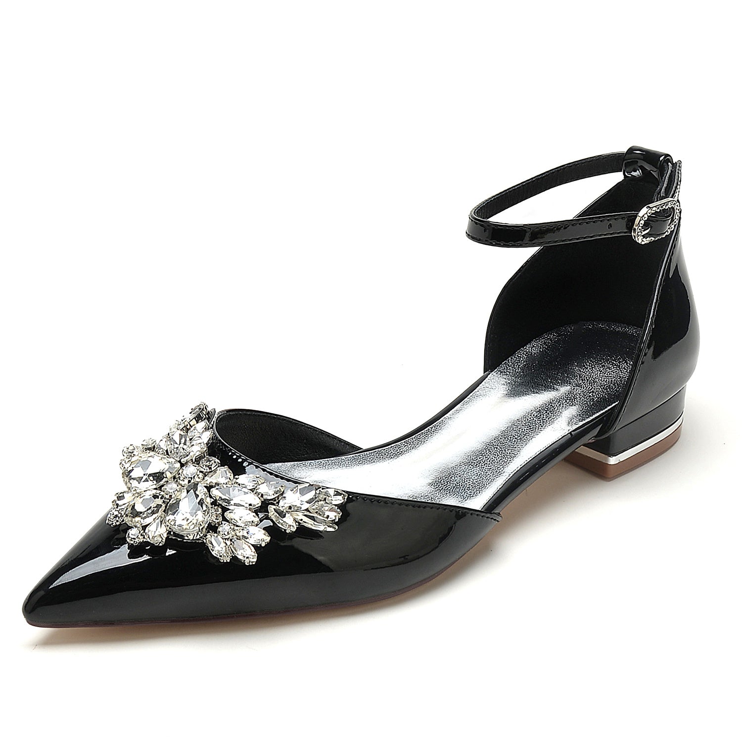 Bridal Shoes for Women with Rhinestone Buckle and Pointed Toe in Patent Leather