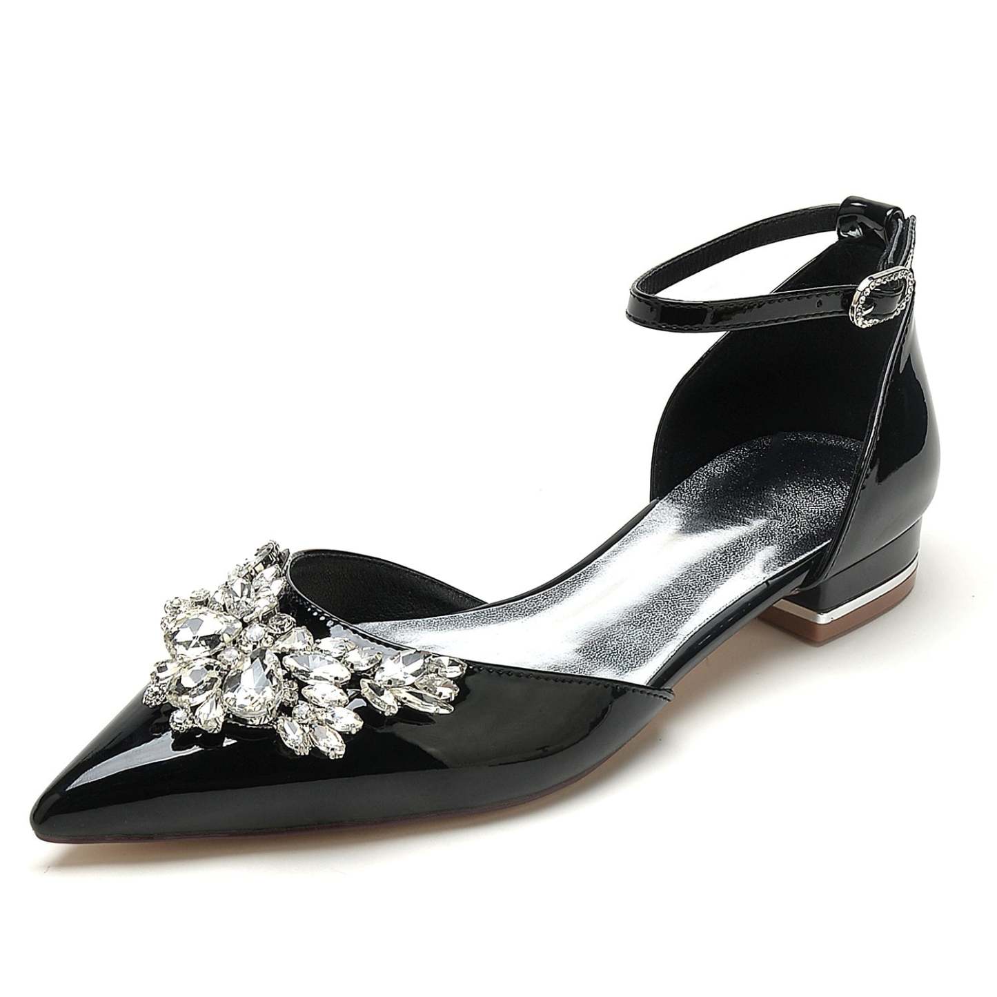 Bridal Shoes for Women with Rhinestone Buckle and Pointed Toe in Patent Leather