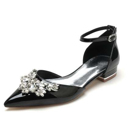 Bridal Shoes for Women with Rhinestone Buckle and Pointed Toe in Patent Leather