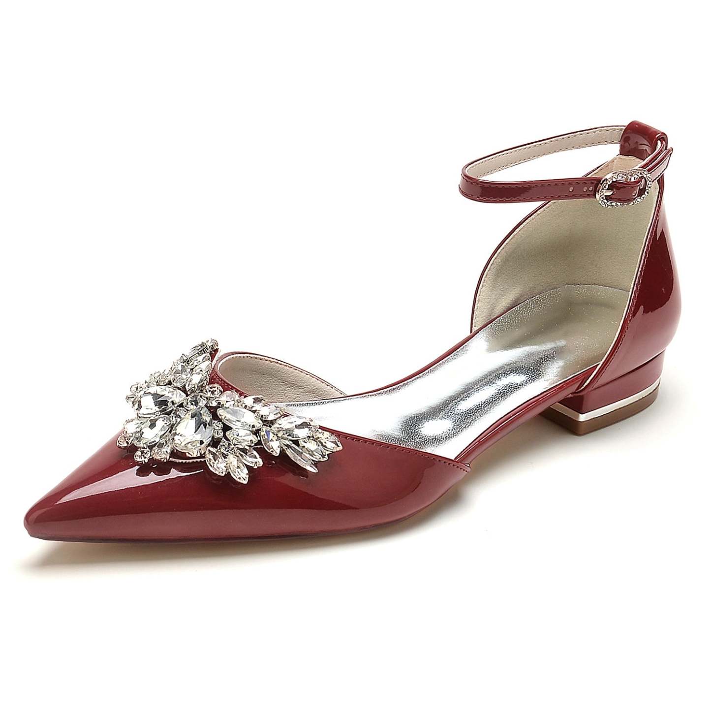 Bridal Shoes for Women with Rhinestone Buckle and Pointed Toe in Patent Leather