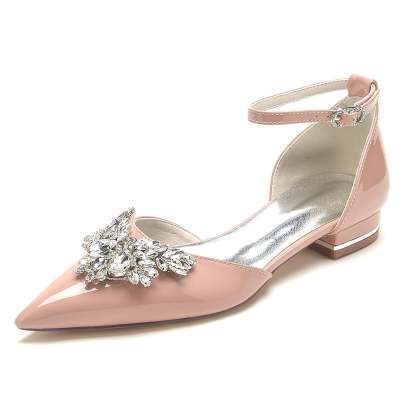 Bridal Shoes for Women with Rhinestone Buckle and Pointed Toe in Patent Leather