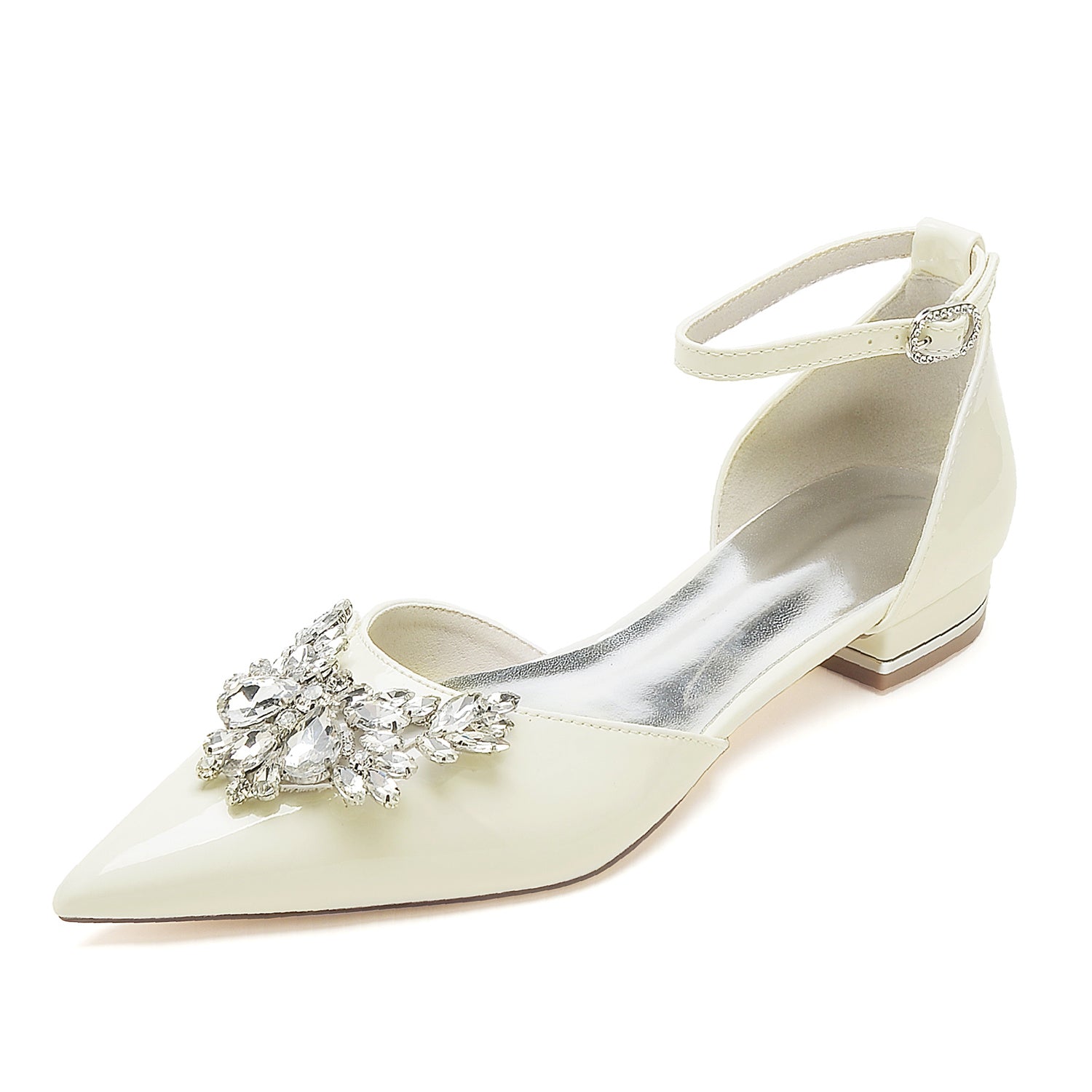 Bridal Shoes for Women with Rhinestone Buckle and Pointed Toe in Patent Leather