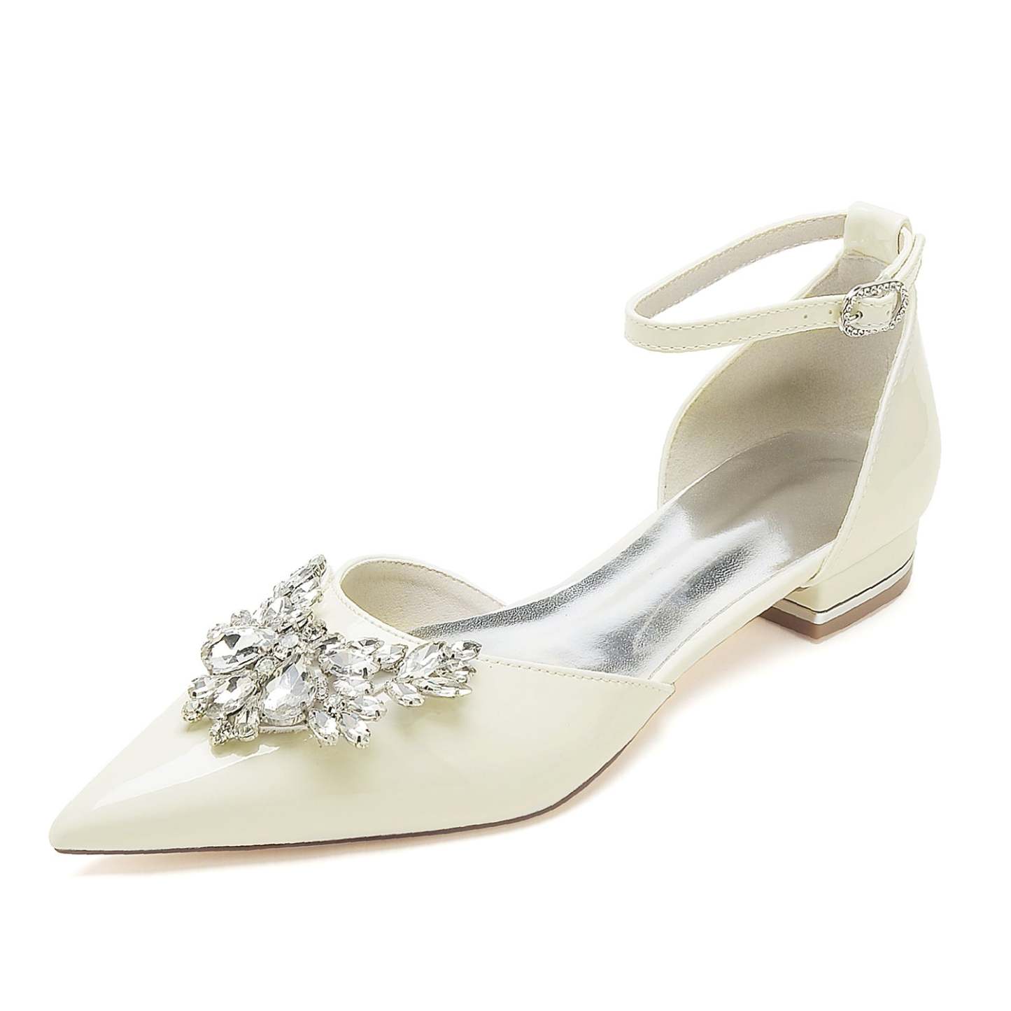 Bridal Shoes for Women with Rhinestone Buckle and Pointed Toe in Patent Leather