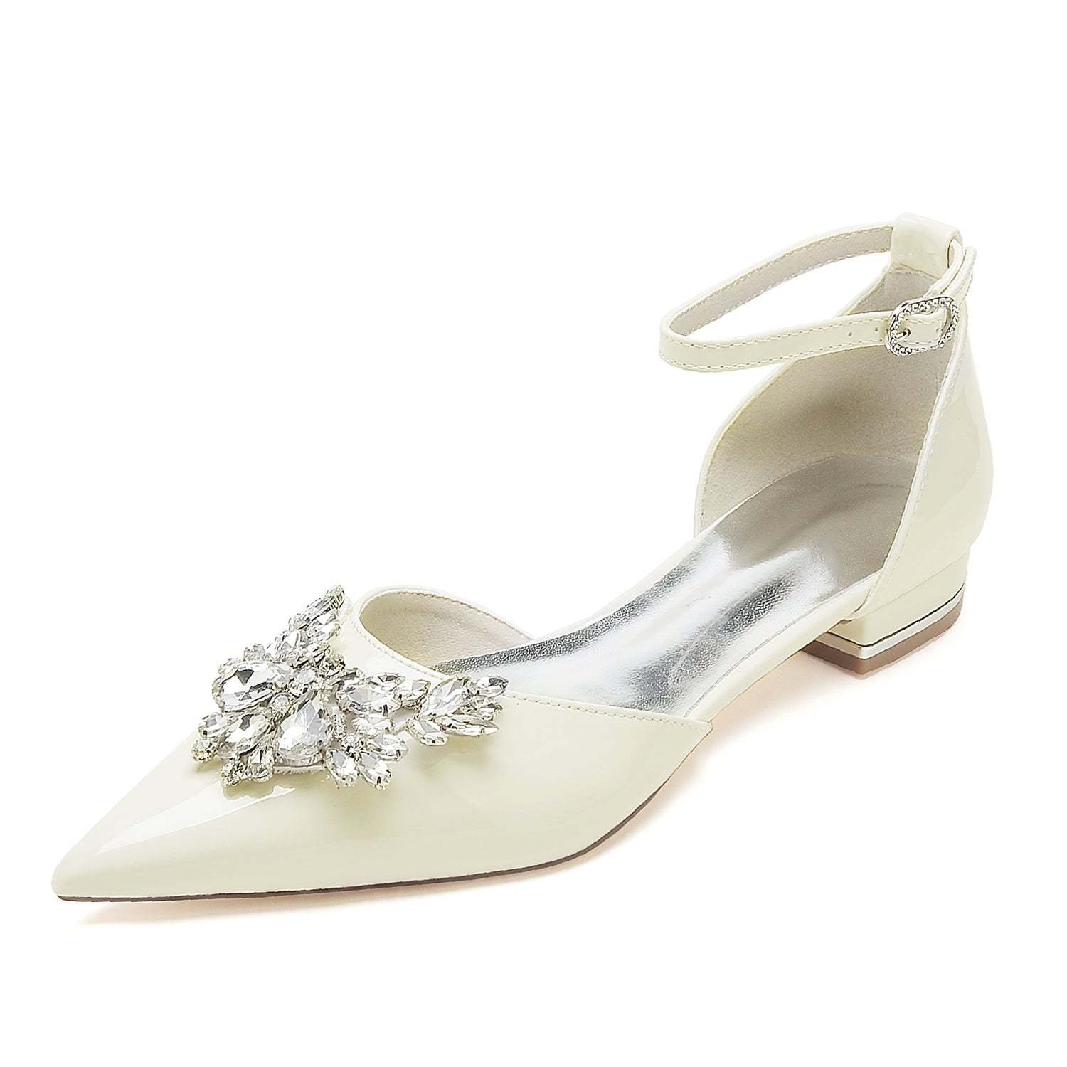 Bridal Shoes for Women with Rhinestone Buckle and Pointed Toe in Patent Leather