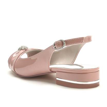 Bridal Shoes for Women with Crystal Flower and Buckle - Patent Leather Low Peep Toe