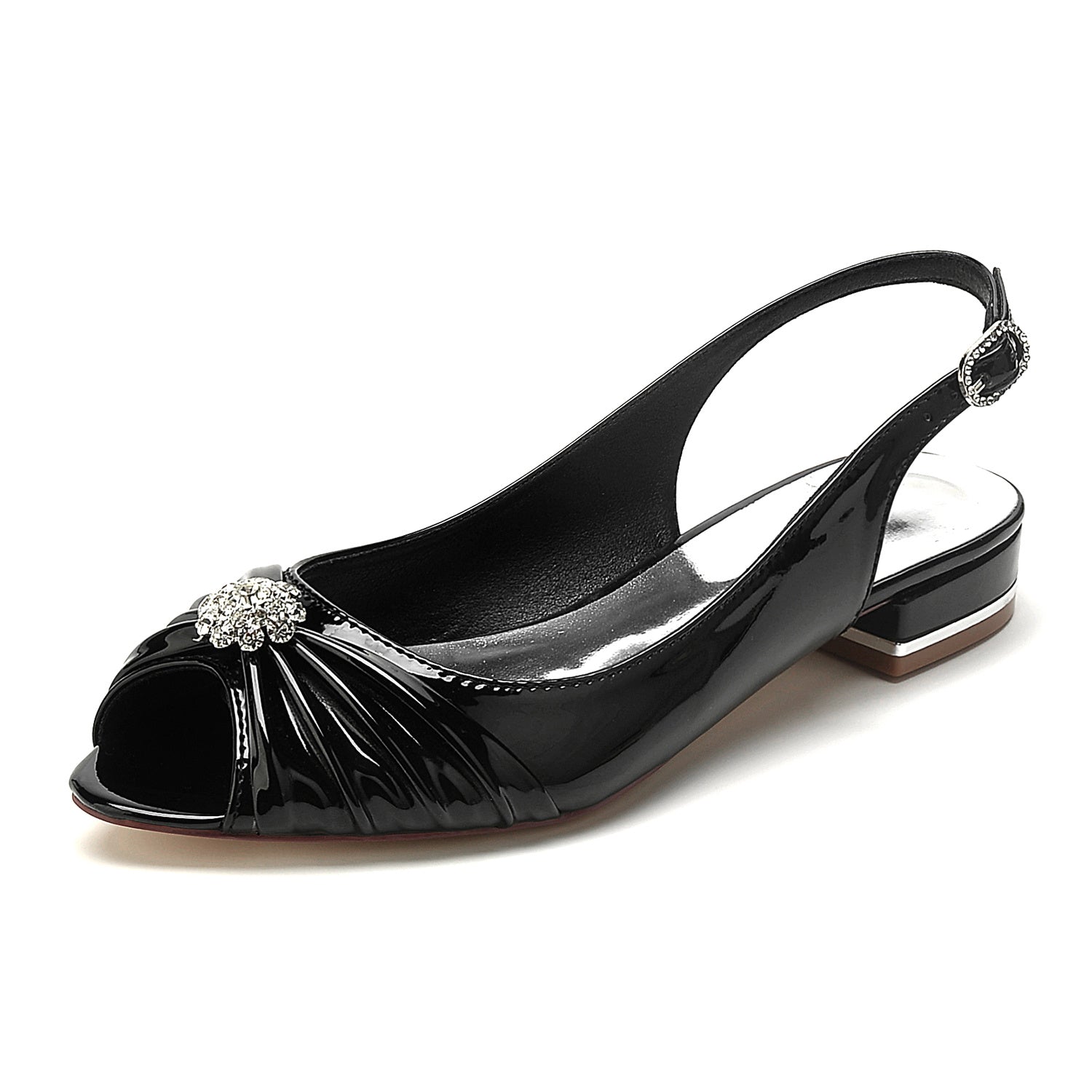Bridal Shoes for Women with Crystal Flower and Buckle - Patent Leather Low Peep Toe