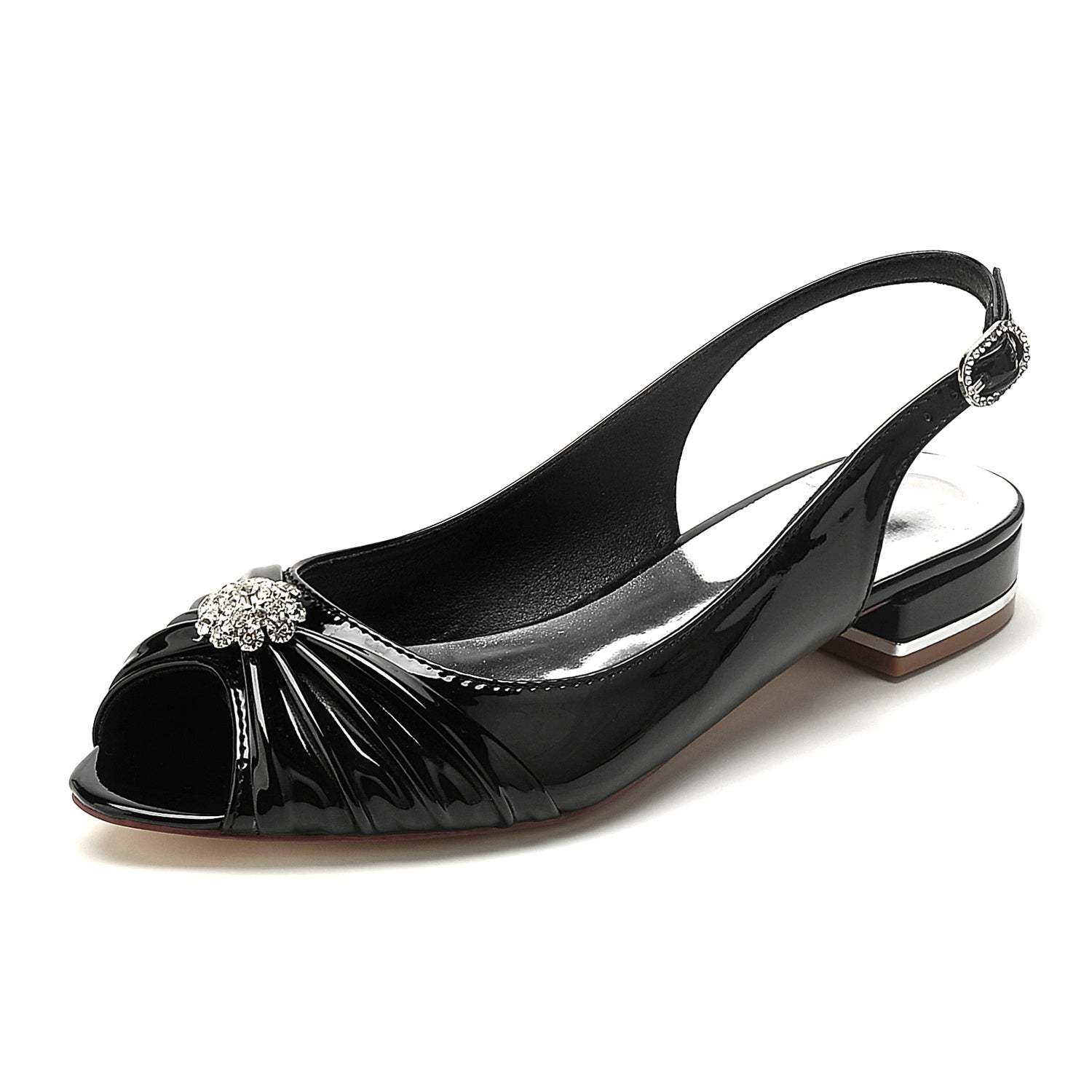 Bridal Shoes for Women with Crystal Flower and Buckle - Patent Leather Low Peep Toe