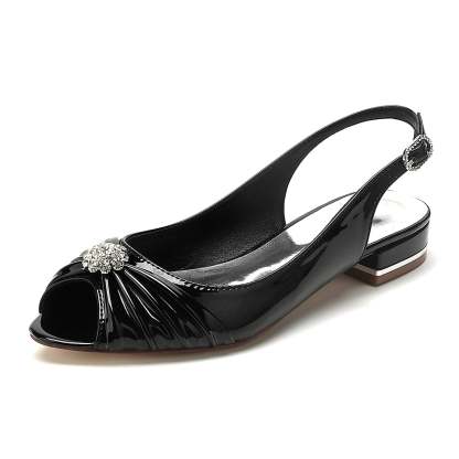 Bridal Shoes for Women with Crystal Flower and Buckle - Patent Leather Low Peep Toe