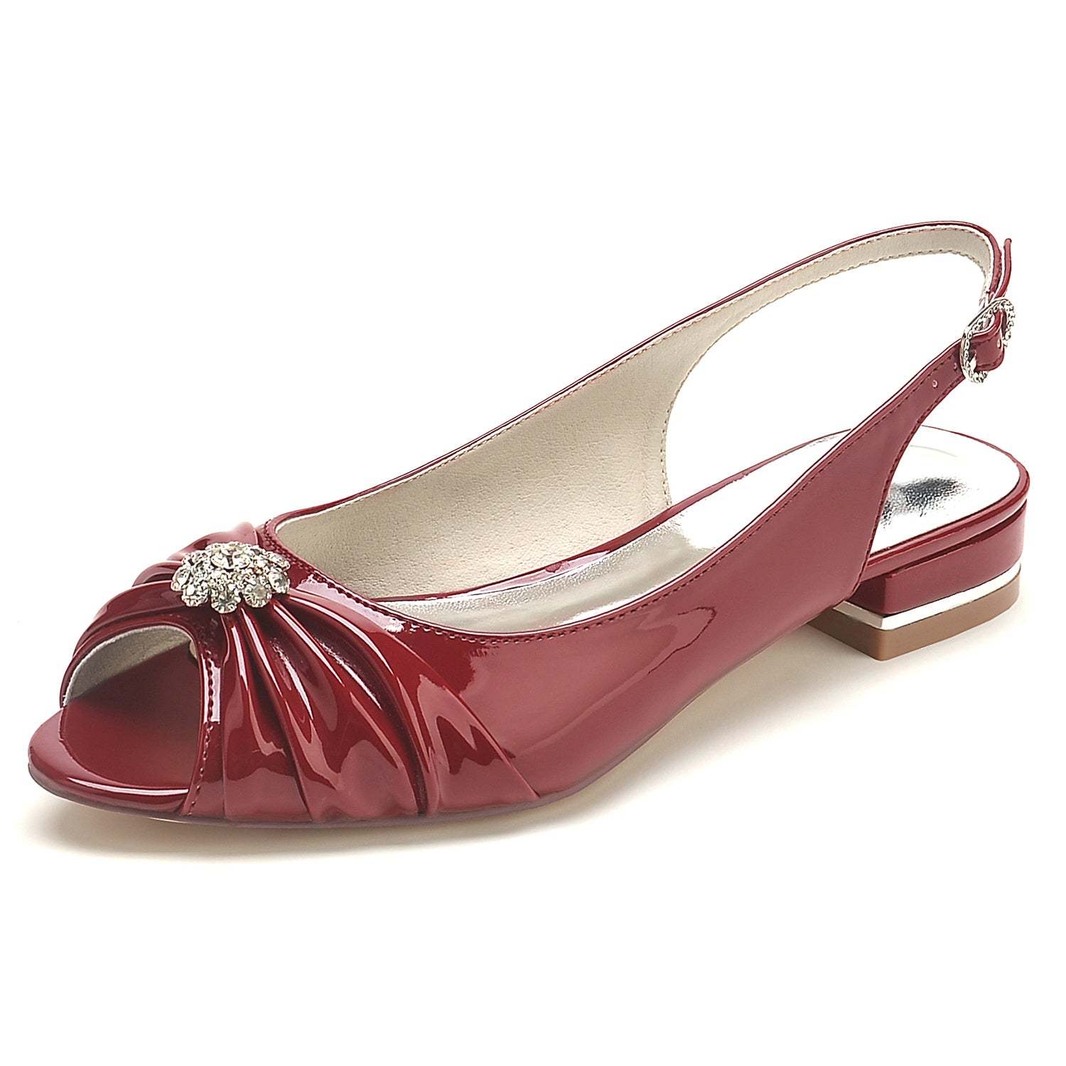 Bridal Shoes for Women with Crystal Flower and Buckle - Patent Leather Low Peep Toe
